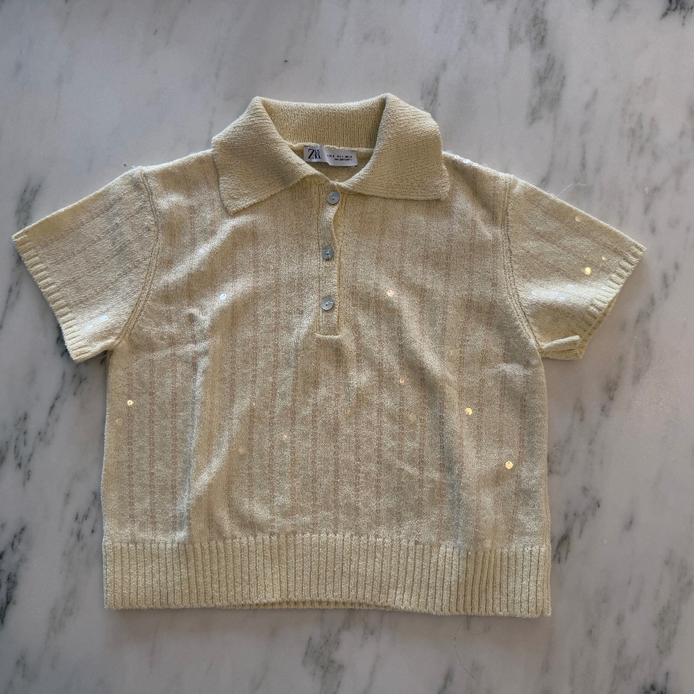 Zara Ribbed Knit Short Sleeve Sweater Small Cream Yellow Henley Sequin Top